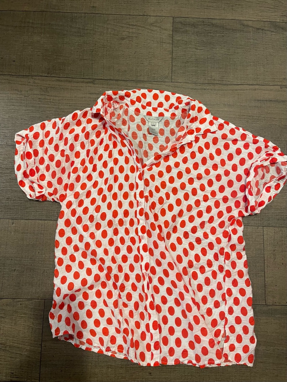Multiples Red White Polka Dot Short Sleeve Button Down Shirt Blouse Size Large